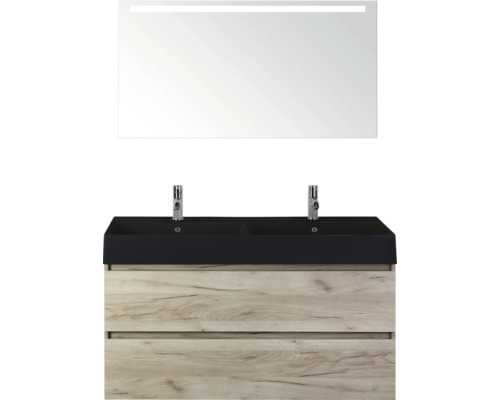 SANOX Badkamermeubelset Maxx XL craft oak 120 cm met twee lades incl. dubbele keramische wastafel Kube met twee kraangaten mat zwart en spiegelkast met verlichting Wastafelmeubel met twee waskommen, onderkast en spiegel met verlichting