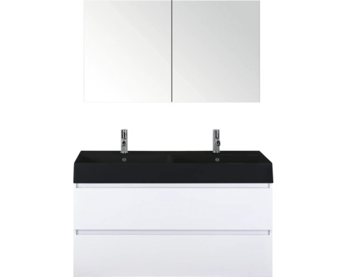 SANOX Badkamermeubelset Maxx XL wit 120 cm met twee lades incl. dubbele keramische wastafel Kube met twee kraangaten mat zwart en spiegelkast Badkamermeubelset met dubbele wastafel, onderkast en spiegelkast