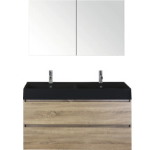 Wastafelmeubel met dubbele wastafel, kranen en spiegelkast