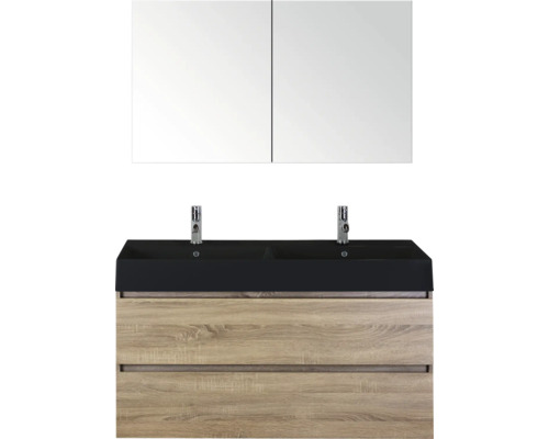SANOX Badkamermeubelset Maxx XL grijs eiken 120 cm met twee lades incl. dubbele keramische wastafel Kube met twee kraangaten mat zwart en spiegelkast Wastafelmeubel met dubbele wastafel, kranen en spiegelkast