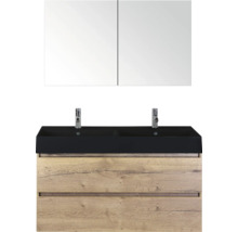 Wastafelcombinatie met spiegelkast, twee wastafels en houten onderkast