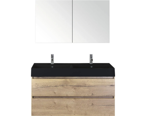 SANOX Badkamermeubelset Maxx XL natuur eiken 120 cm met twee lades incl. dubbele keramische wastafel Kube met twee kraangaten mat zwart en spiegelkast Wastafelcombinatie met spiegelkast, twee wastafels en houten onderkast