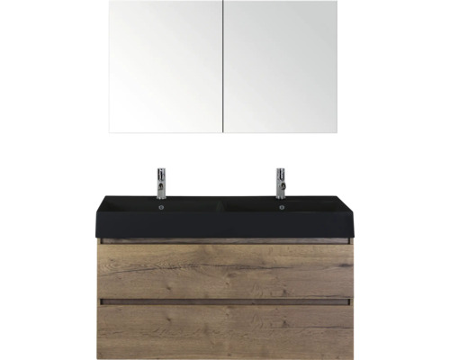 SANOX Badkamermeubelset Maxx XL tabacco 120 cm met twee lades incl. dubbele keramische wastafel Kube met twee kraangaten mat zwart en spiegelkast Wastafelcombinatie met spiegelkast, wastafel en onderkast