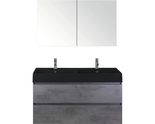 SANOX Badkamermeubelset Maxx XL beton antraciet 120 cm met twee lades incl. dubbele keramische wastafel Kube met twee kraangaten mat zwart en spiegelkast Wastafelmeubel met twee wastafels, twee lades en spiegelkast