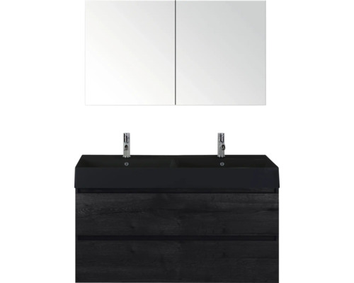 SANOX Badkamermeubelset Maxx XL black oak 120 cm met twee lades incl. dubbele keramische wastafel Kube met twee kraangaten mat zwart en spiegelkast Badkamermeubel met dubbele wastafel, kranen en spiegelkast