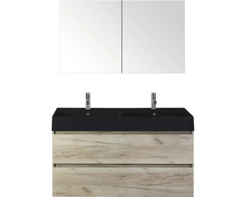 SANOX Badkamermeubelset Maxx XL craft oak 120 cm met twee lades incl. dubbele keramische wastafel Kube met twee kraangaten mat zwart en spiegelkast Wastafelmeubel met onderkast, dubbele wastafel en spiegelkast voor de badkamer