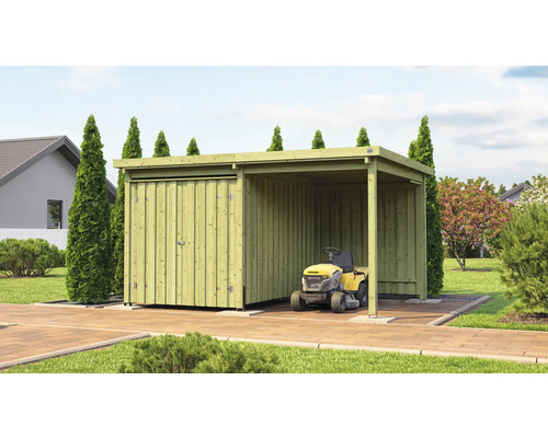 Tuinhuis met schuifdeur en zitmaaier