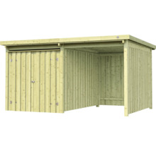 Houten schuur met deur en open ruimte