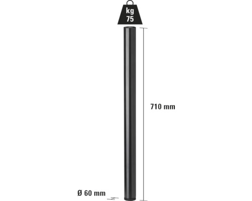 Metalen paal met afmetingen van 710 mm lengte en 60 mm diameter, gewichtssymbool 75 kg
