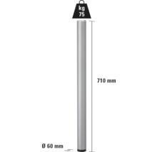 Steunpoot met afmetingen diameter 60 mm, hoogte 710 mm en belastbaarheid 75 kg