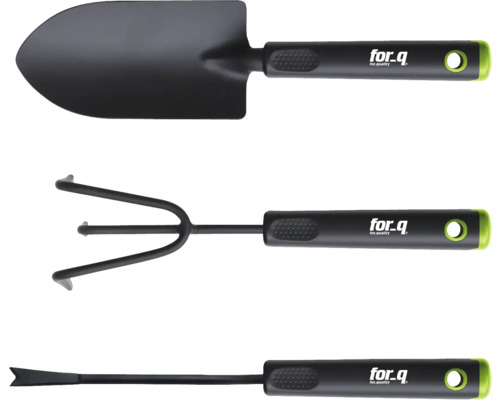 Set bestaande uit een tuinschep, cultivator en een dibber van het merk for.q