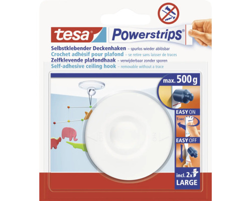 Tesa Powerstrips plafondhaak, zelfklevend en verwijderbaar zonder sporen, maximale belasting 500 gram