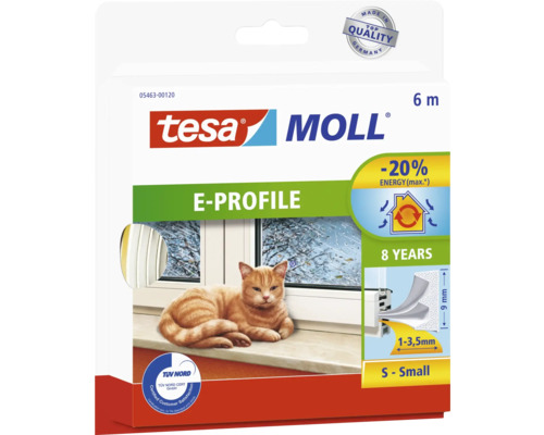 TESA Moll tochtband E-profiel zelfklevend wit 9 mm x 6 m Tesa Moll E-profiel afdichting voor ramen en deuren, 6 meter
