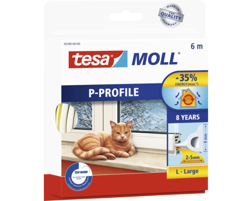 TESA Moll tochtband P-profiel zelfklevend wit 9 mm x 6 m Tesa Moll P-profiel afdichting, 6 meter, voor vensterisolatie