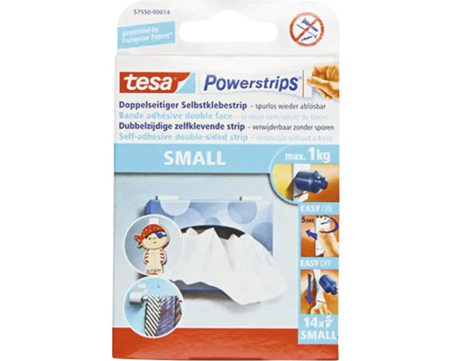 Tesa Powerstrips, kleine dubbelzijdige zelfklevende strips, verwijderbaar zonder sporen, maximaal draagvermogen een kilogram, verpakking met 14 stuks