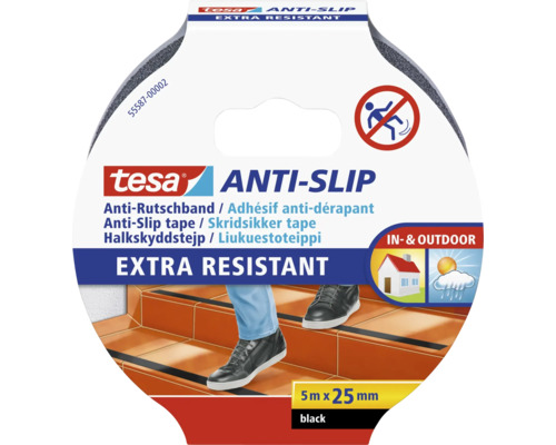 TESA Extra Resistant antislip tape zwart 5 m x 25 mm Tesa antislip tape, extra resistent, 5 meter bij 25 millimeter