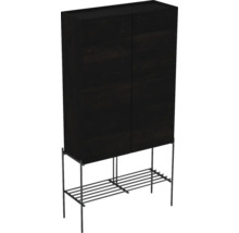 Zwarte houten kast met metalen frame en plank