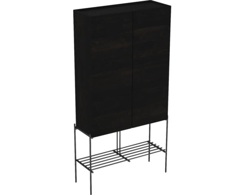 Zwarte houten kast met metalen frame en plank