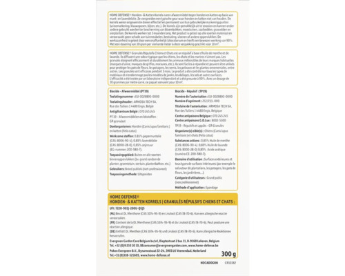 Informatie over Home Defense honden- en kattenkorrels, een afweermiddel op basis van munt- en lavendelolie