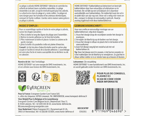 Informatie over de Home Defense kakkerlakkenval, gebruiksaanwijzing en informatie over afvalverwerking