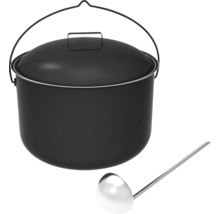 Zwarte kookpot met deksel en pollepel