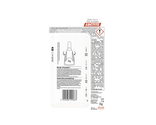 Loctite secondelijm verpakking met gebruiksaanwijzing en Henkel logo