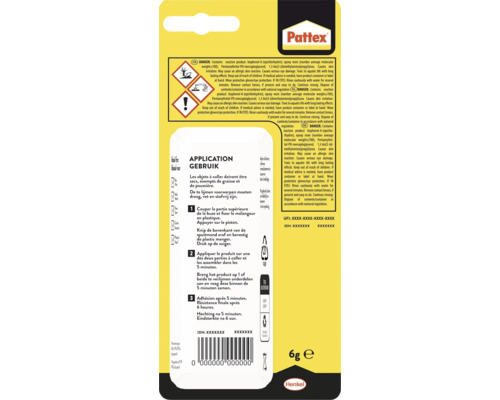 Pattex lijm verpakkingsachterkant met toepassings- en veiligheidsinstructies