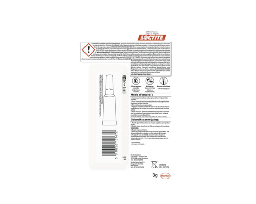 Loctite secondelijm 3g tube met instructies en waarschuwingssymbolen