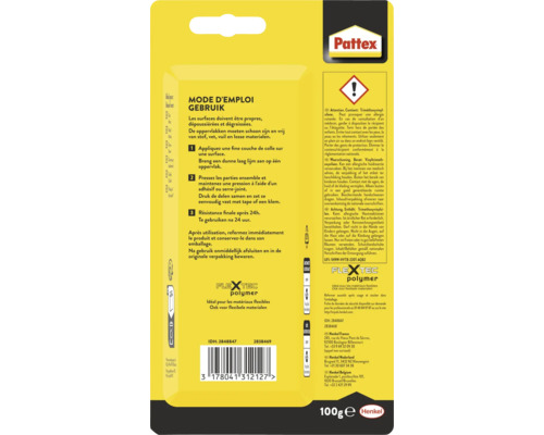 Achterkant van de verpakking van Pattex Flextec polymeerlijm met gebruiksaanwijzing