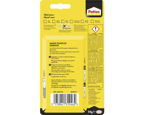 Pattex lijm verpakking met informatie over gebruik en ingrediënten