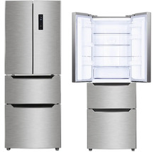 Zilverkleurige side-by-side koelkast met twee deuren gesloten en open