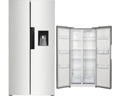 Gesloten en open side-by-side koelkast met ijsblokjesdispenser