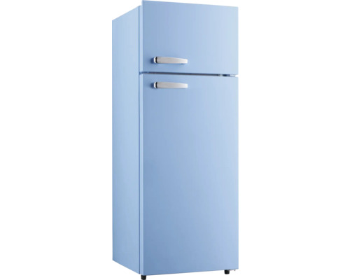 Blauwe koelkast met vriesvak boven en metalen handgrepen