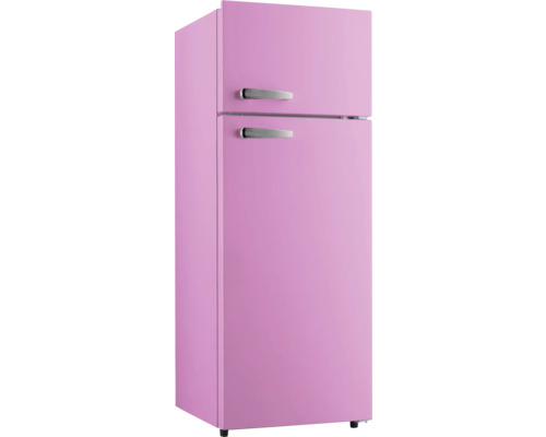 Vrijstaande koelkast met twee deuren en handgrepen.