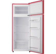 Openstaande rode koelkast met meerdere planken