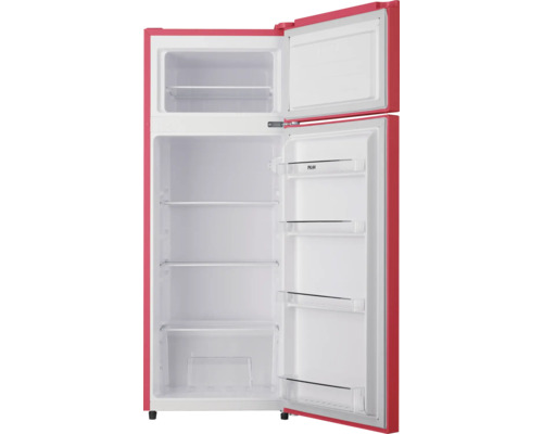 Openstaande rode koelkast met meerdere planken