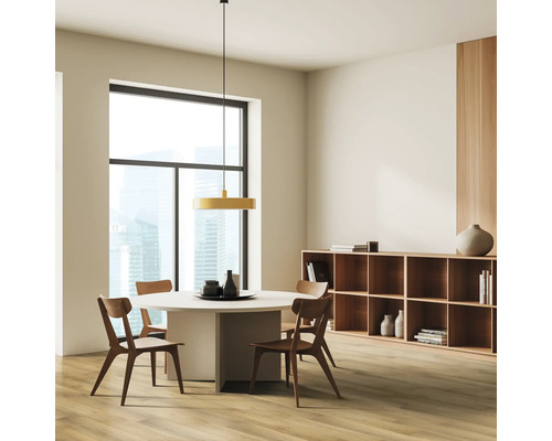 Lichte eetkamer met eettafel, stoelen, hanglamp en boekenplank