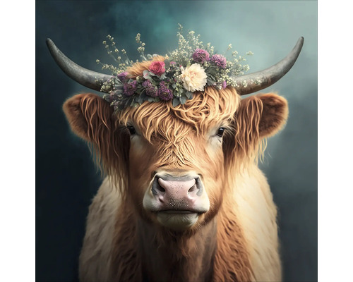 Portret van een Schotse hooglander met een bloemenkrans op zijn hoofd