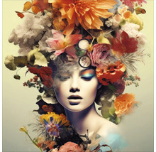 Portret van een vrouw met bloemen in haar haar, artistieke weergave