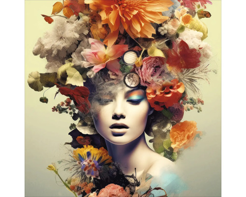 PURE LIVING Schilderij glas Bloemen Op Haar Hoofd 20x20 cm Portret van een vrouw met bloemen in haar haar die cosmetische producten presenteert
