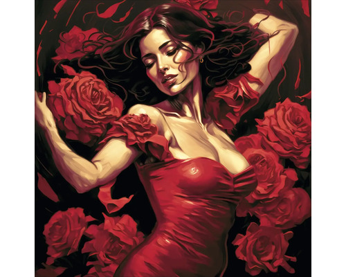 Schilderij van een vrouw in een jurk met rozen