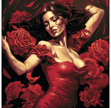 Schilderij van een vrouw in een jurk omringd door rozen.