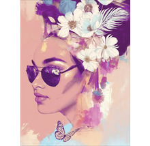 Schilderij van een vrouw met een zonnebril en bloemen in haar haar