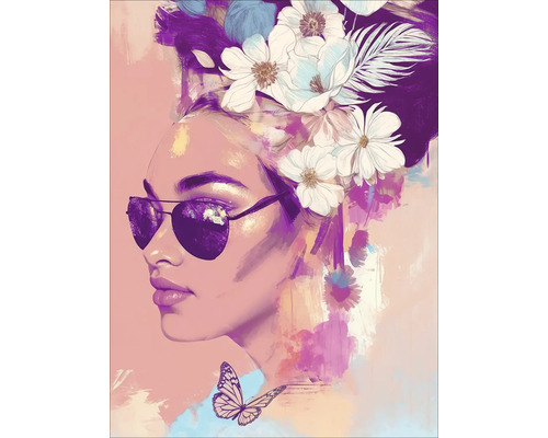 PURE LIVING Schilderij glas Bloemen Op Haar Hoofd 60x80 cm Schilderij van een vrouw met een zonnebril en bloemen in haar haar