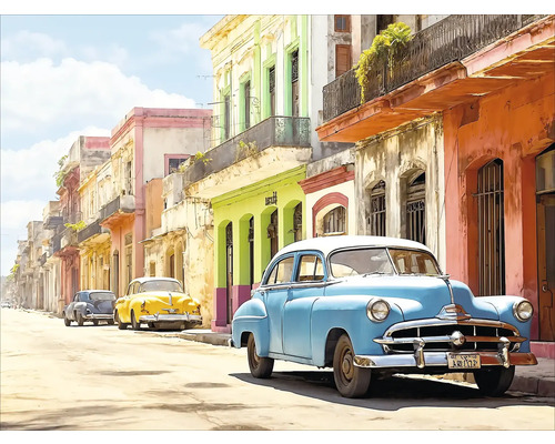 Scène met oldtimers voor kleurrijke gebouwen