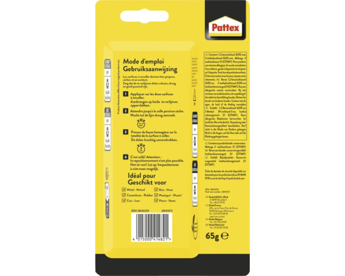 Pattex lijm verpakking met instructies en veiligheidsinformatie