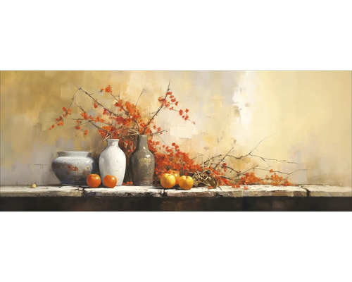 Schilderij met vazen, appels en takken met rode bessen