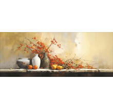 Stilleven met vazen, appels en takken op een tafel