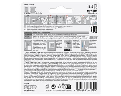 tesa Powerstrips CLICK Medium 16x2 voor het bevestigen van objecten tot 1 kg gewicht