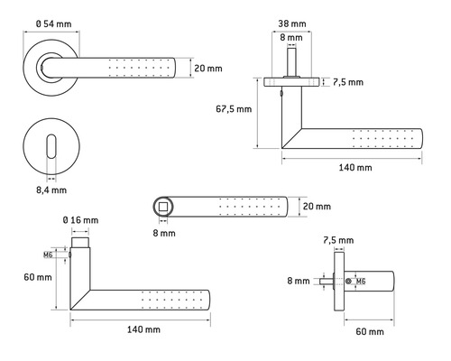 Technische tekening van een deurklink met afmetingen